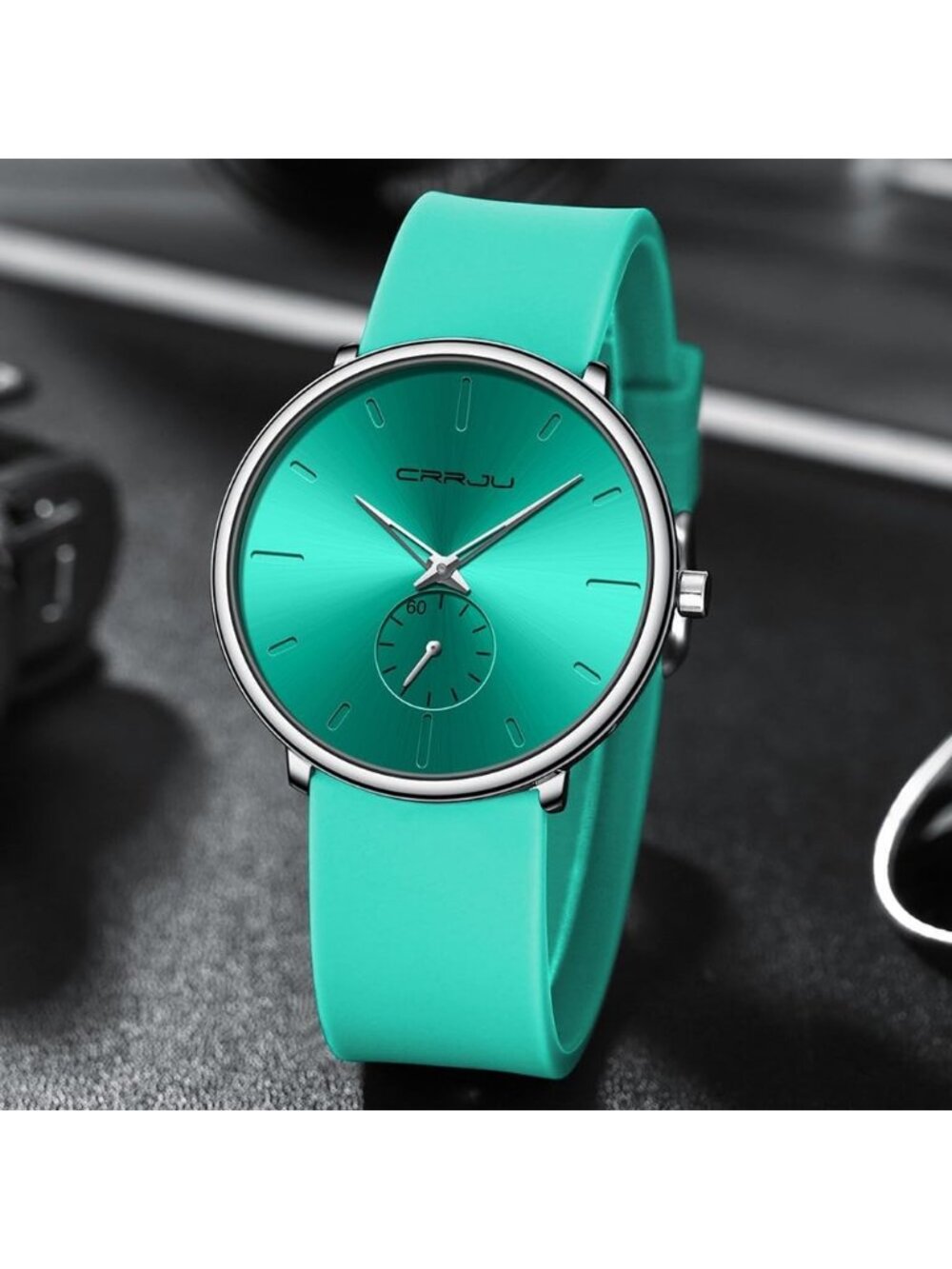 Crrju Men's Light Green Waterproof Quartz Unisex Ultra Silicone Band Round Watch - Picture 6 of 6